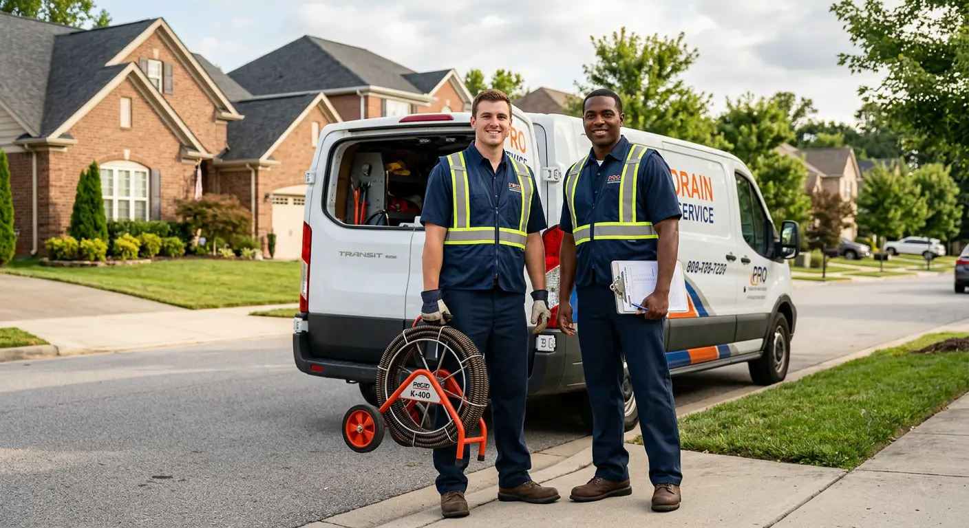 Sewer and drain service team with equipment ready for work in Tanglewilde