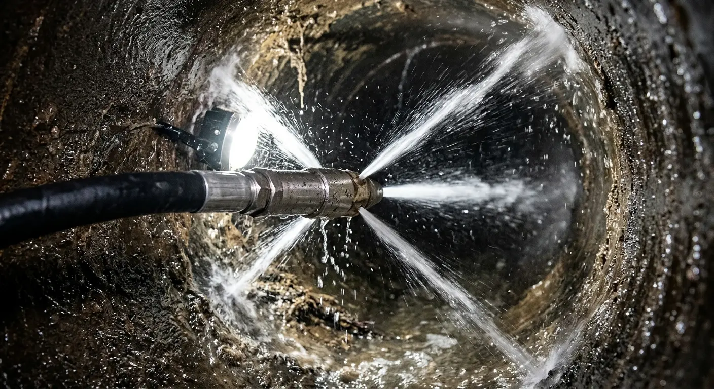 High-pressure hydro jetting nozzle cleaning sewer pipe for Trenchless Sewer Repair in Tanglewilde