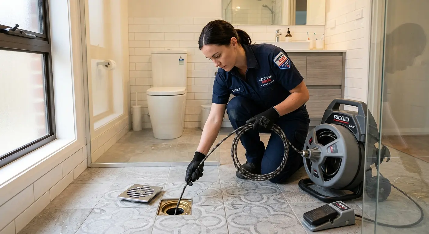 Technician clearing a bathroom floor drain for Clogged Drain Repair in Tanglewilde